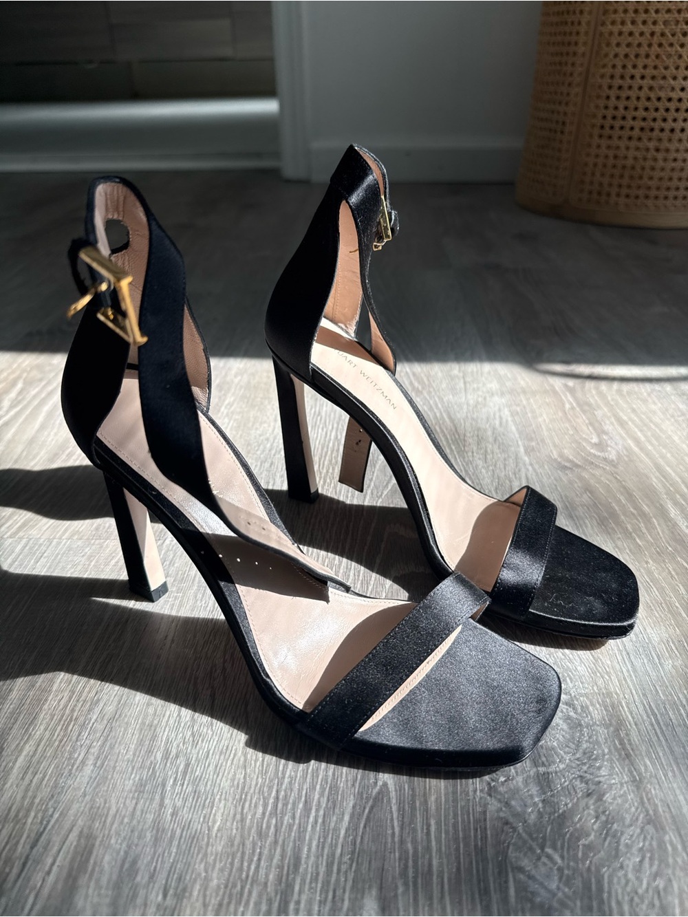 Stuart Weitzman Black Satin High Heel Sandals with Ankle Strap